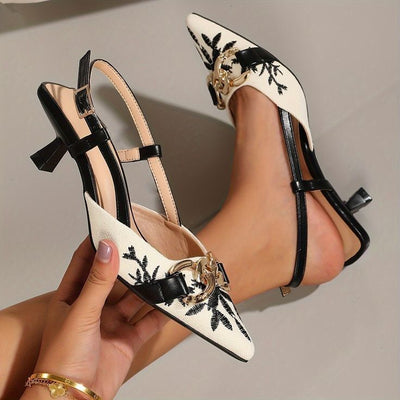 Floral Embroidered Chain Slingback
